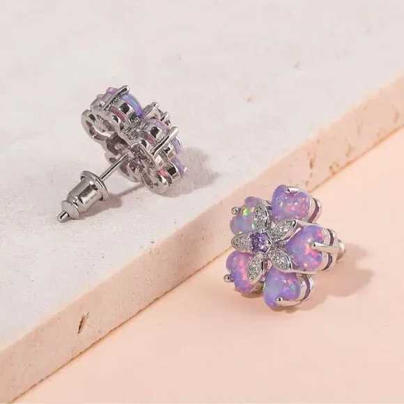 925 Sterling Silver with Purple Fire Opals and Purple Topaz Flower Stud Earrings